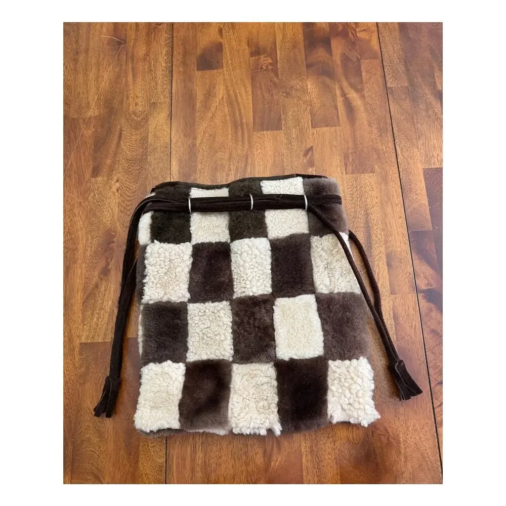 Vintage Genuine Fur Patchwork Drawstring Bucket Bag Brown Cream Made Spain